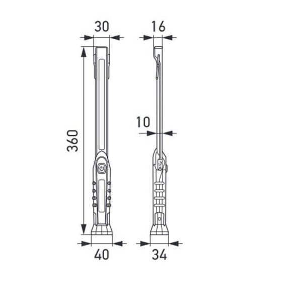 Dimensiones Linterna LED tipo Stick recargable con Imán Giratorio y Gancho 300Lm y 20Lm ULS300 Hella | LeonLeds