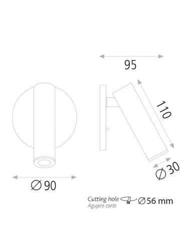 Applique LED ronde Atria Encastré noir ou nickel mesures