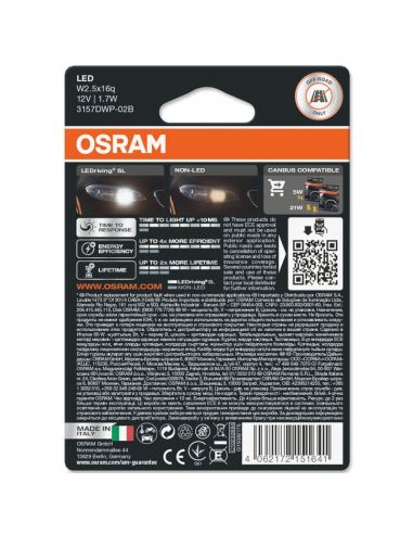 Ampoules LED P27/7W lumière blanche W2.5x16q 6000K 12V Pack 2 Unités 3157DWP-02B 4062172151641 | leonleds