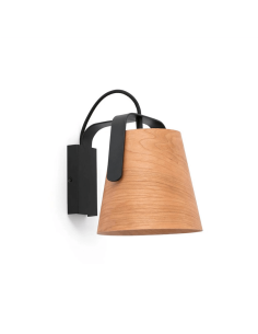 Candeeiro de parede preto com abajur de madeira
