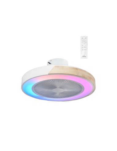 Ventilador LED con luz RGB blanco y madera Corpi 35W