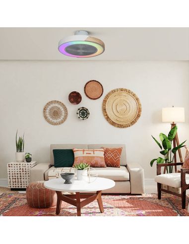 Ventilador LED con luz RGB blanco y madera Corpi 35W ambiente