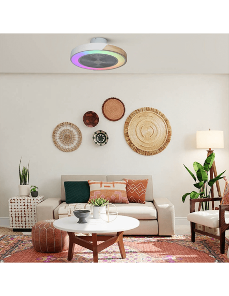 Ventilador LED com luz RGB branco e ambiente de madeira Corpi 35W