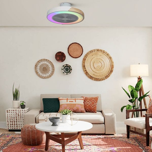 Ventilador LED con luz RGB blanco y madera Corpi 35W ambiente