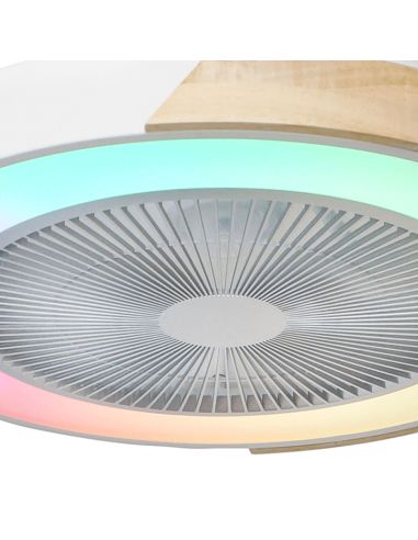 Ventilador LED con luz RGB blanco y madera Corpi 35W ambiente detalles