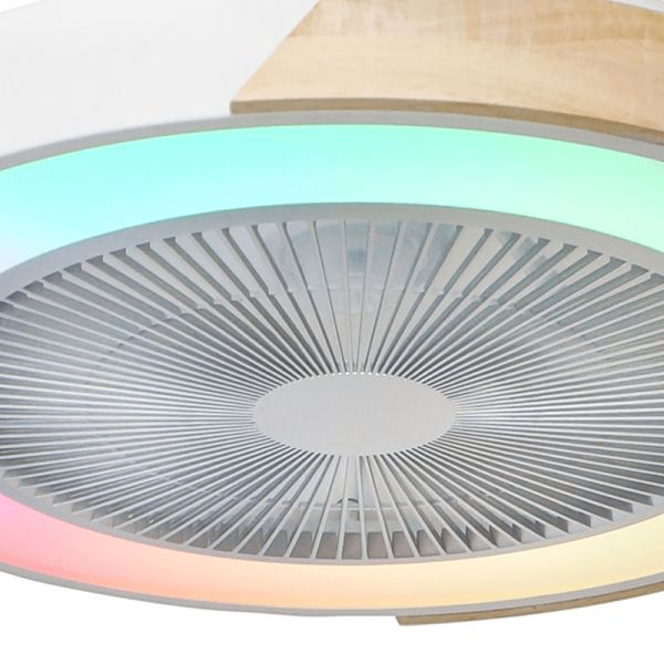 Ventilateur LED avec éclairage RGB blanc et détails d'ambiance bois Corpi 35W