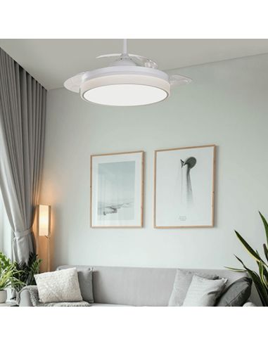 Ventilador LED blanco regulable Vera con aspas retráctiles ambiente