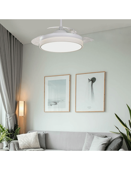 Ventilador LED blanco regulable Vera con aspas retráctiles ambiente