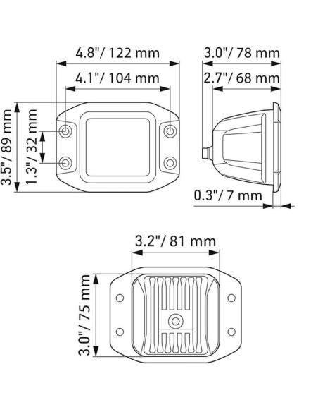 Dimensiones Faro LED cuadrado empotrable de trabajo Black Magic Cube Kit 3,2" 12V/24V 3000Lm 2 Unds. Deutsch Hella | LeonLeds