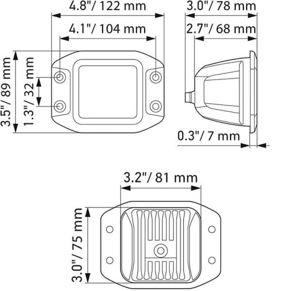 Dimensiones Faro LED cuadrado empotrable de trabajo Black Magic Cube Kit 3,2" 12V/24V 3000Lm 2 Unds. Deutsch Hella | LeonLeds