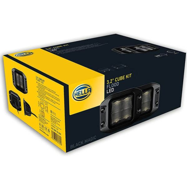 Kit de projecteurs de travail LED encastrés carrés Black Magic Cube 3,2 pouces 12 V/24 V 3 000 lm, lot de 2. Hella | LeonLeds