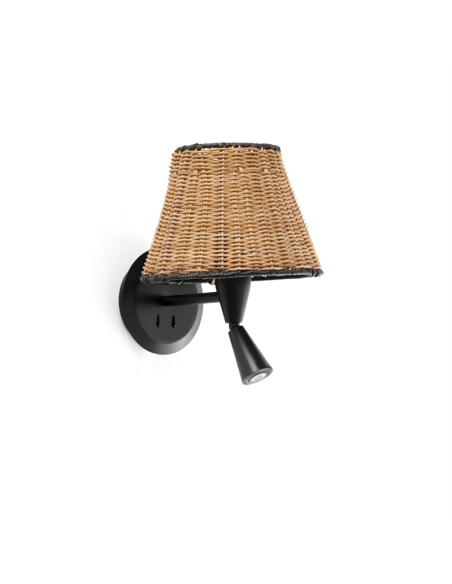 Applique noire avec abat-jour en rotin Sumba avec liseuse