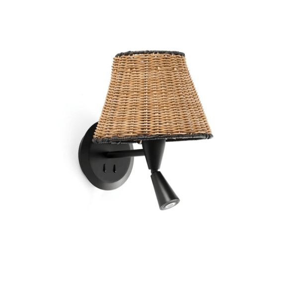 Applique noire avec abat-jour en rotin Sumba avec liseuse