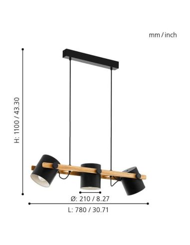 Luminária pendente de teto LED nórdica Hornwood 3xE27 da Eglo Iluminación | medidas de holofotes ajustáveis | Leon Iluminação LE