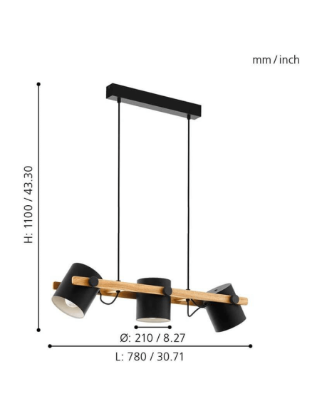 Lámpara colgante LED de techo nórdica Hornwood 3xE27 de Eglo Iluminación | focos orientables medidas| LeonLeds Iluminación