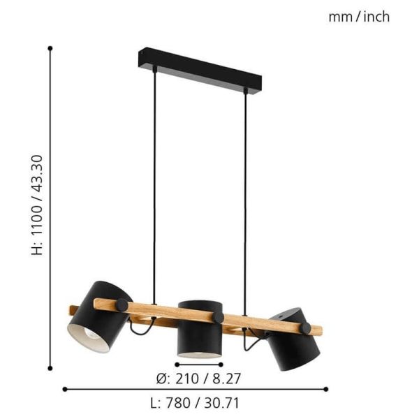 Lámpara colgante LED de techo nórdica Hornwood 3xE27 de Eglo Iluminación | focos orientables medidas| LeonLeds Iluminación