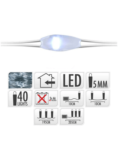 Guirlanda de Natal fixa com 40 microLEDs alimentados por bateria, 200 cm | LeónLeds