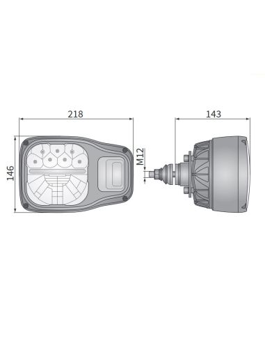 Dimensions Phare à LED homologué pour machines agricoles et industrie 6 broches Deutsch Wesem | Éclairage LeonLeds
