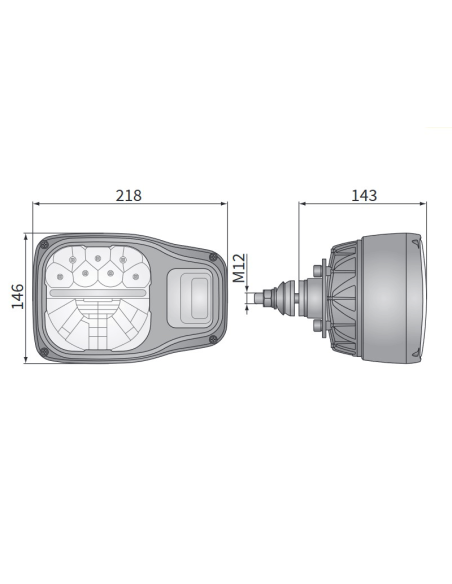 Dimensiones Faro delantero LED homologado para maquinaria agrícola e industria 6 Pin Deutsch Wesem | LeonLeds Iluminación