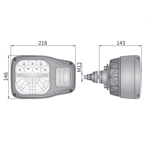 Dimensiones Faro delantero LED homologado para maquinaria agrícola e industria 6 Pin Deutsch Wesem | LeonLeds Iluminación