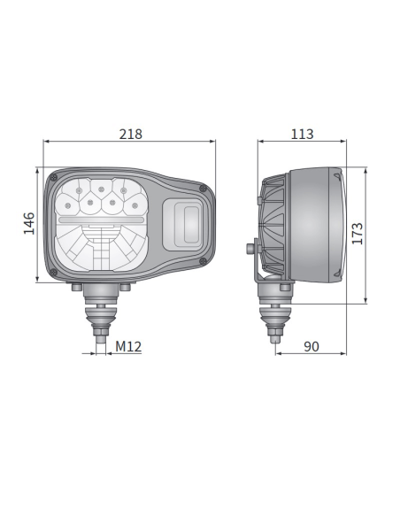 Dimensions Phare à LED homologué pour machines agricoles et industrie 6 broches Deutsch Wesem | Éclairage LeonLeds