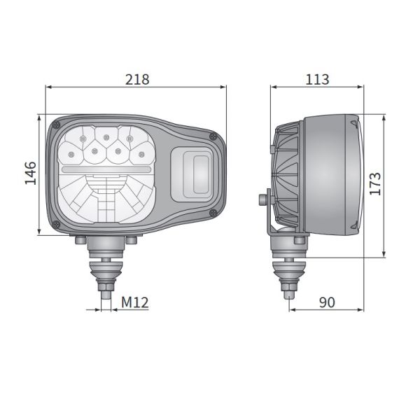 Dimensiones Faro delantero LED homologado para maquinaria agrícola e industria 6 Pin Deutsch Wesem | LeonLeds Iluminación