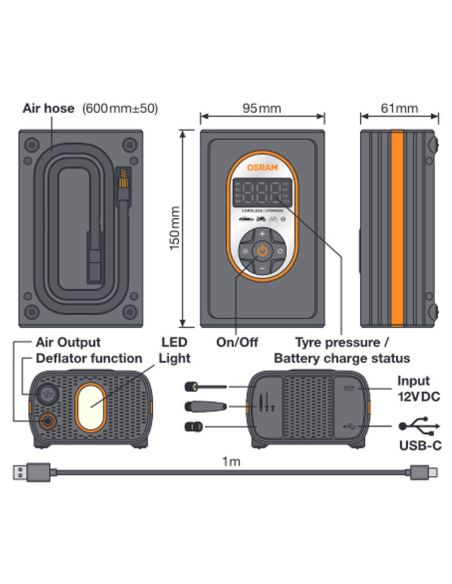 Puissant compresseur de pneu LCD avec batterie rechargeable Tyreinflate 4000 OTIR4000 Osram Portable | leonleds