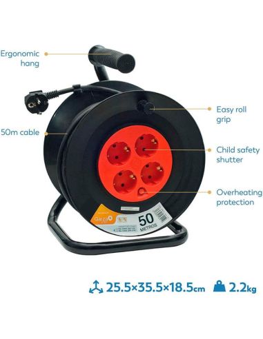 Enrolador de cabo com 50 metros de cabo e alça + 4 tomadas 3000W 10A 250V 430021G Garza | LeonLeds