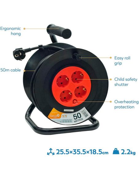 Enrolador de cabo com 50 metros de cabo e alça + 4 tomadas 3000W 10A 250V 430021G Garza | LeonLeds
