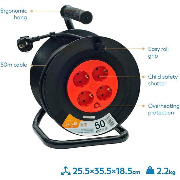 Enrolador de cabo com 50 metros de cabo e alça + 4 tomadas 3000W 10A 250V 430021G Garza | LeonLeds