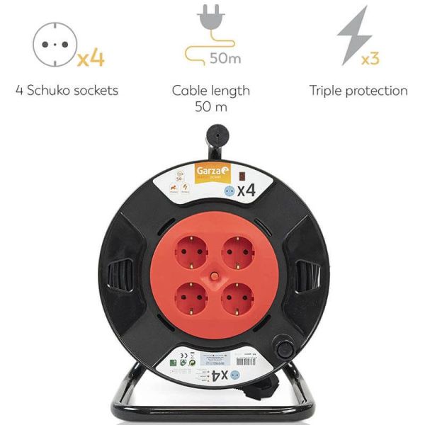 Enrouleur de câble avec 50 mètres de câble et poignée + 4 prises 3000 W 10 A 250 V 430021G Garza | LeonLeds