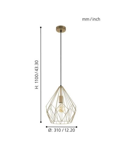 Dimensions du plafonnier vintage Carlton Gold 1XE27