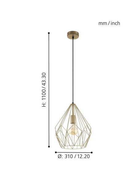 Luminária de teto vintage Carlton dourada 1XE27 dimensões