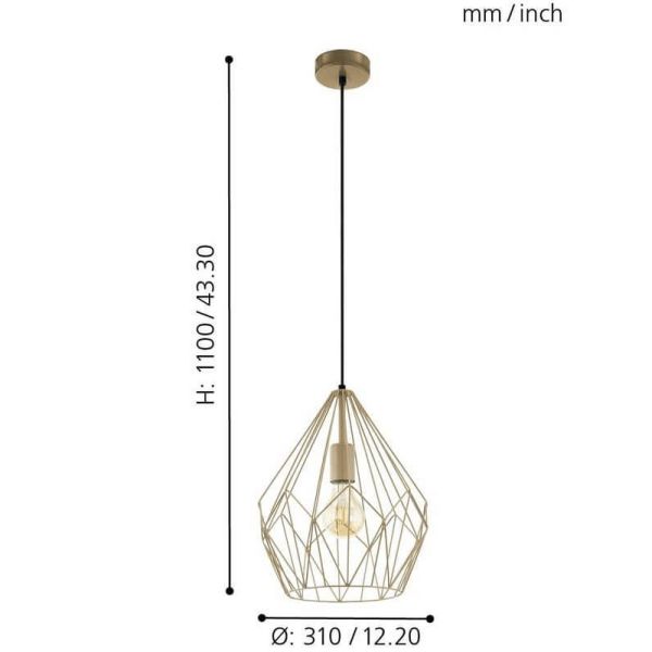 Dimensions du plafonnier vintage Carlton Gold 1XE27