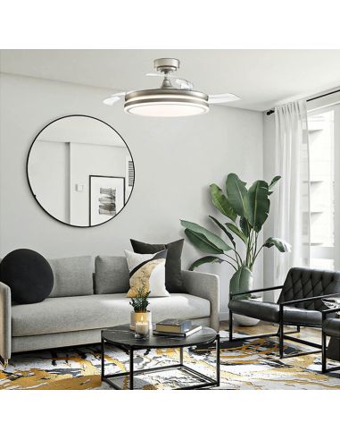 Ventilador de techo LED de 35W  con aspas plegables Moss Mini níquel Ambiente