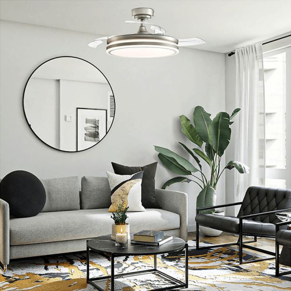 Ventilador de techo LED de 35W  con aspas plegables Moss Mini níquel Ambiente