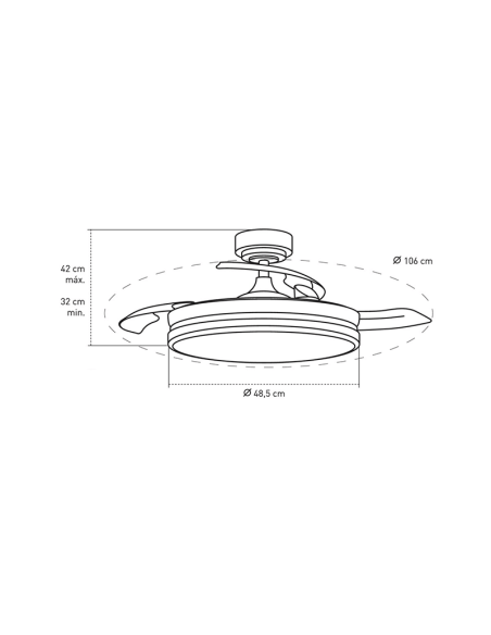 Ventilador de techo LED de 35W  con aspas plegables Moss Mini níquel Medidas