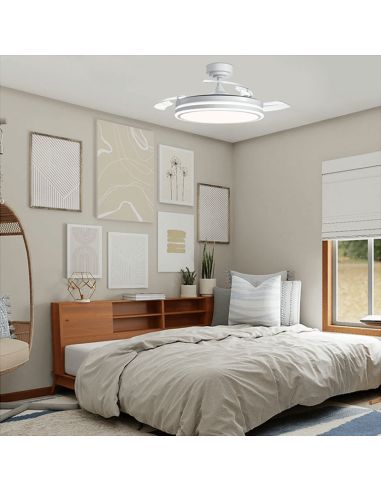 Ventilateur de plafond LED 45W pales repliables Blanc mousse 4900 Lm CCT Environnement