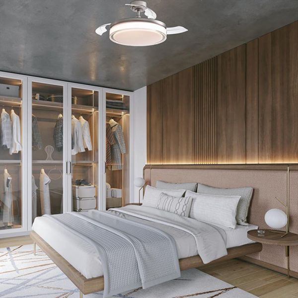 Ventilador LED de techo de 45W regulable con aspas retráctiles Aneto níquel Ambiente