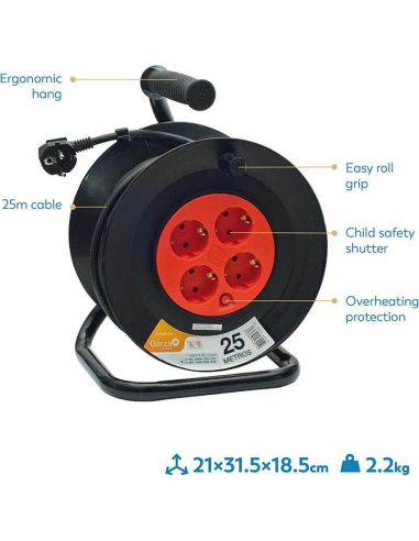 Enrouleur de câble avec 25 mètres de câble et poignée + 4 prises 3000 W 10 A 250 V 430021G Garza | LeonLeds