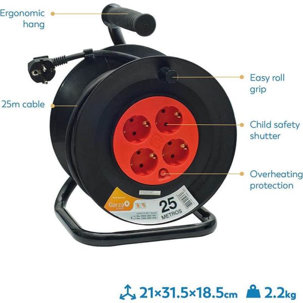 Enrolador de cabo com 25 metros de cabo e alça + 4 tomadas 3000W 10A 250V 430021G Garza | LeonLeds