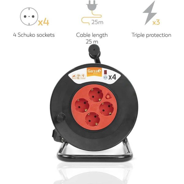 Enrolador de cabo com 25 metros de cabo e alça + 4 tomadas 3000W 10A 250V 430021G Garza | LeonLeds