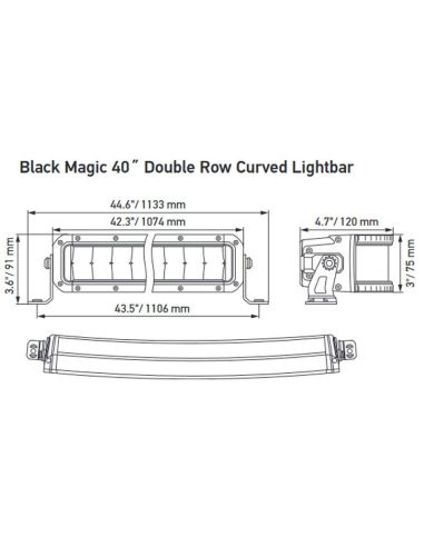 Dimensiones Barra LED de carretera 40" 1074mm  Curvada Black Magic ECE 45 Doble linea LED 12V 24V 9.222Lm 5.700K 186W | LeonLeds