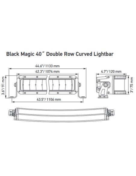 Dimensões Road LED Bar 40" 1074mm Curvo Black Magic ECE 45 LED de linha dupla 12V 24V 9,222Lm 5,700K 186W | LeonLeds