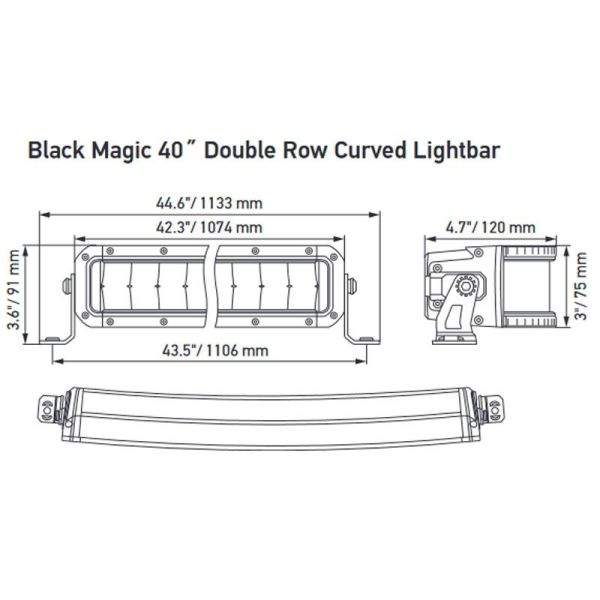Dimensiones Barra LED de carretera 40" 1074mm  Curvada Black Magic ECE 45 Doble linea LED 12V 24V 9.222Lm 5.700K 186W | LeonLeds