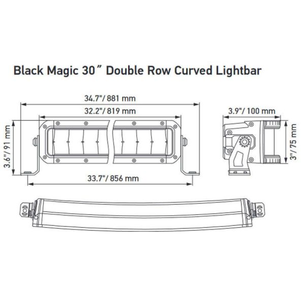 Dimensions Barre LED Incurvée Double Homologation 30" 79W ECE 40 12V 24V Combo 819mm 7.900Lm 1FJ 358 196-611 | LeonLeds