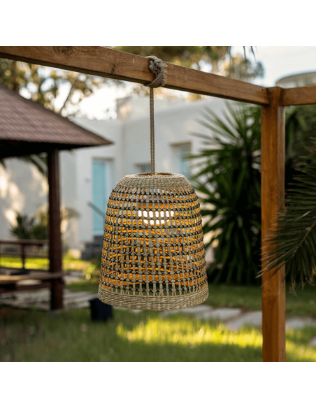Lámpara colgante para exterior sin cable fibras naturales Positano New Garden | LeonLeds Iluminación