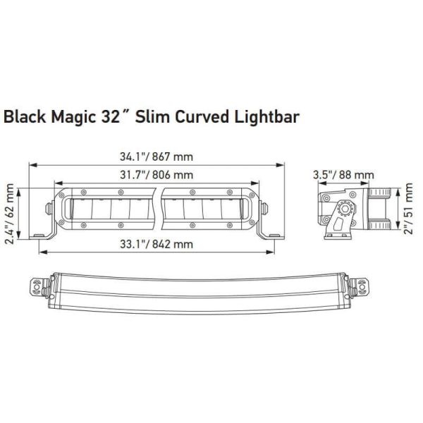 Dimensions Homoloda Barre LED Courbe 32" Black Magic ECE 50 806mm 12V/24V 1FJ 358 196-511 | LeonLeds