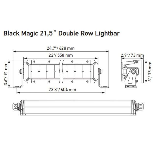 Dimensiones de Barra LED doble LEDs Homologada 55,8Cm 21,5" ECE 45 Black Magic 12V/24V 1FJ 358 196-401 604mm Hella | LeonLeds