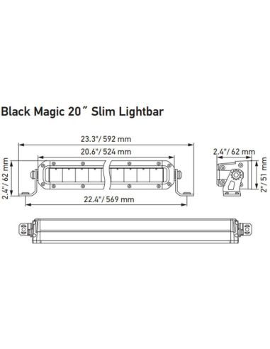 Dimensões Black Magic LED Bar 20" 524mm Slim ECE 50 Approved 3.910Lm 12/24V 1FJ 358 196-301 Hella | LeonLeds